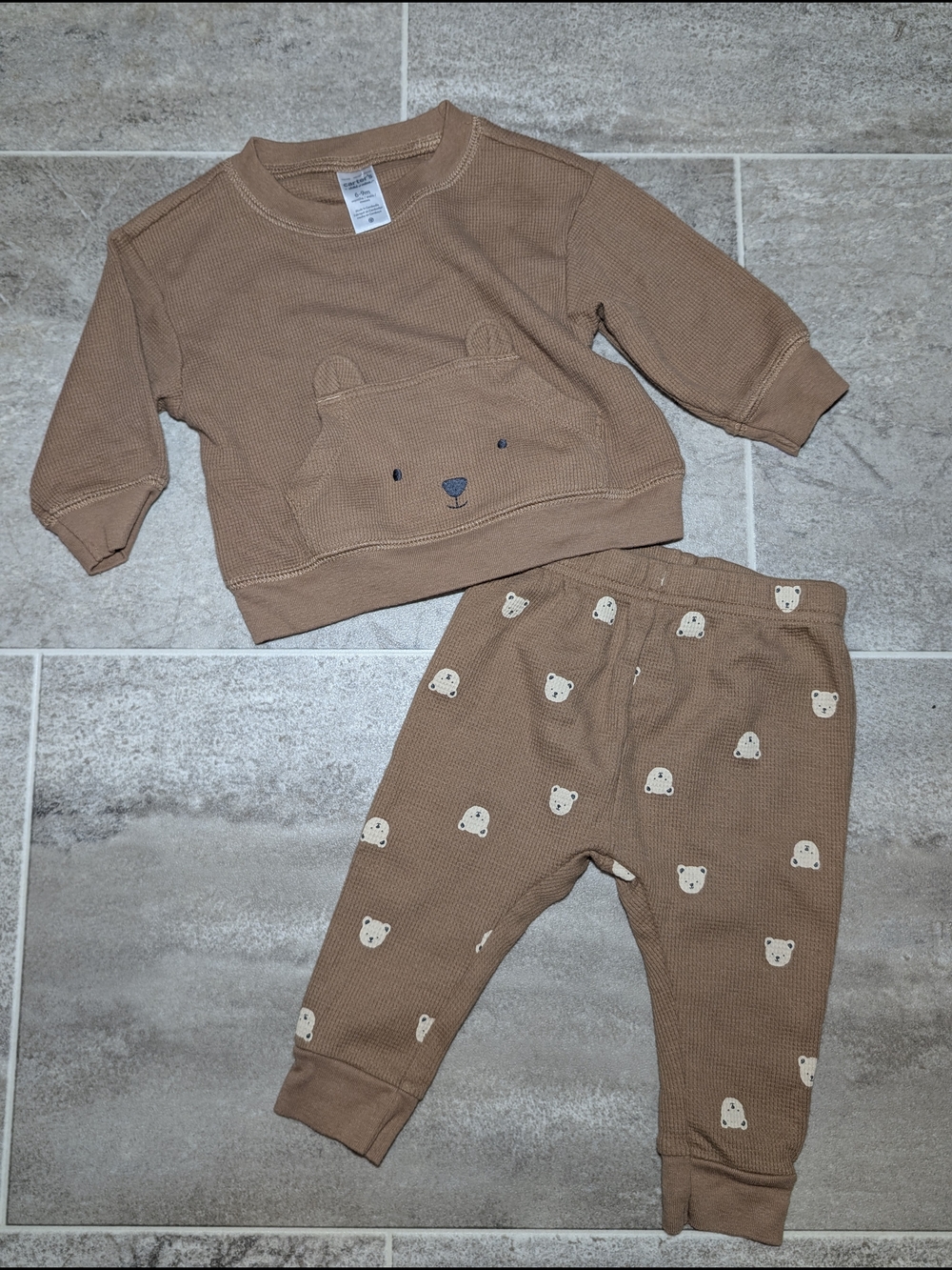 Carter's Brown Bear Waffle Knit Joggers Set Long Sleeve 6-9M - Picture 1 of 8